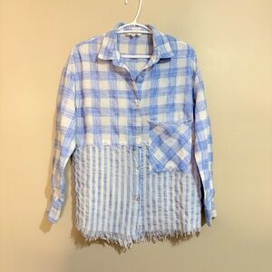 Entro Blue & White Plaid & Stripe Colour Blocked Cotton Button Up Shirt